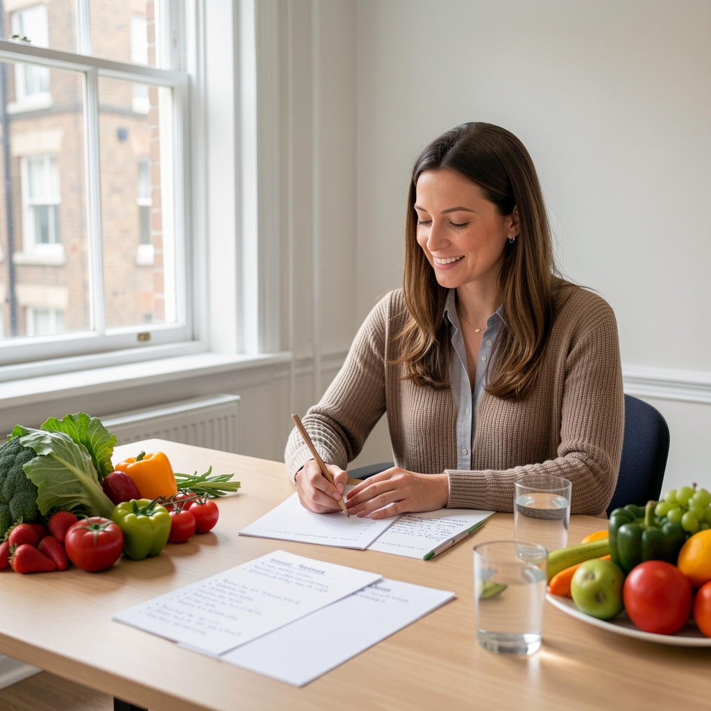 Close-up portrait of a nutrition specialist seated at a desk with notes and seasonal vegetables in soft natural window light, London studio
