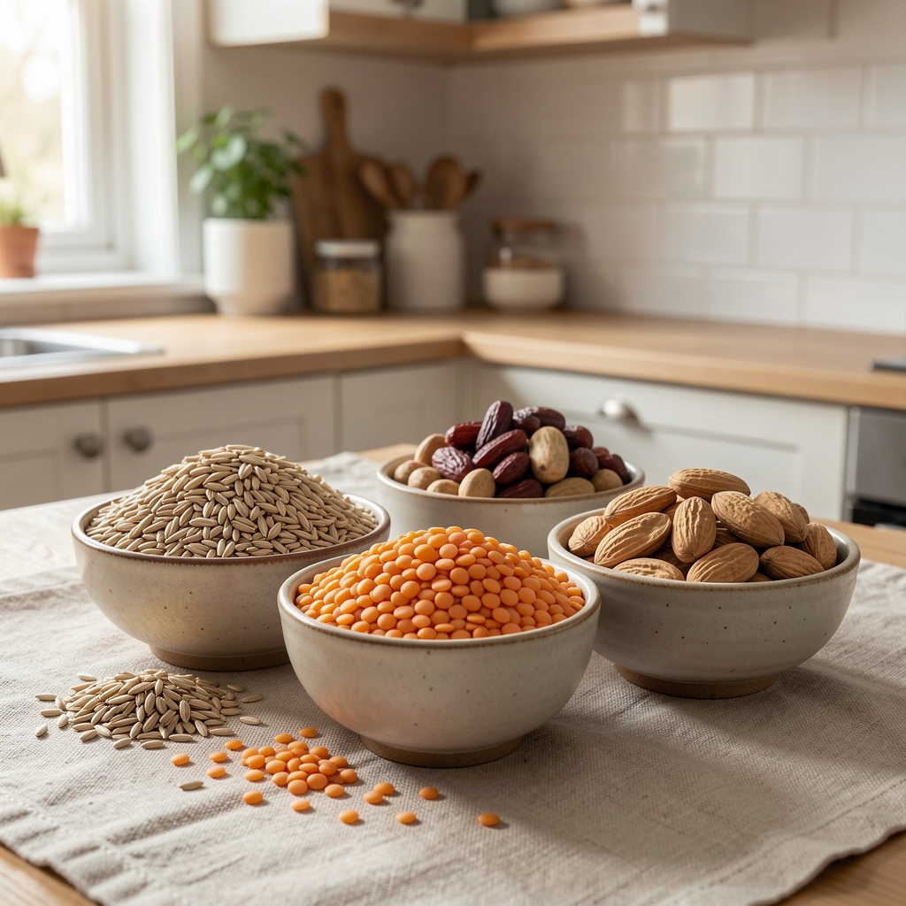 Assorted whole grains, lentils and dried legumes displayed in small ceramic bowls on a linen surface in a clean natural-light kitchen environment