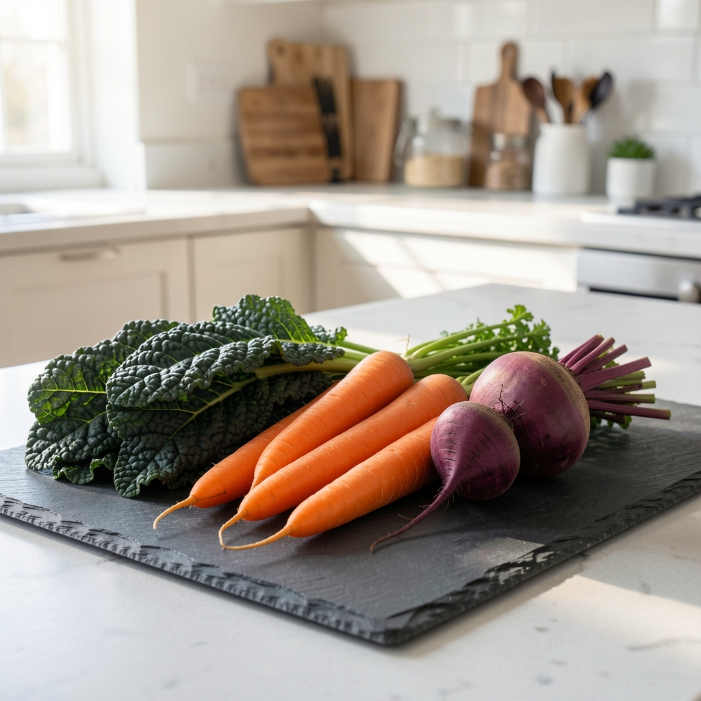 Fresh seasonal vegetables — dark kale, orange carrots, purple beetroot — arranged on a slate kitchen counter in bright morning light