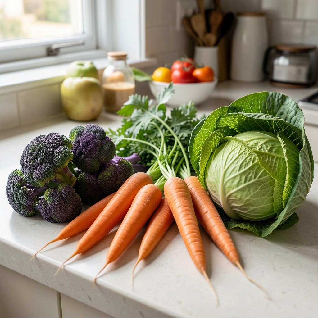 Colourful selection of seasonal British vegetables including purple sprouting broccoli, heritage carrots and savoy cabbage laid on a kitchen counter in natural daylight