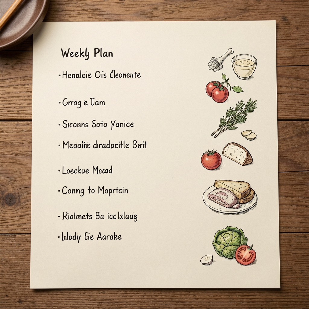 Overhead shot of a weekly meal plan written by hand on cream paper with small ink sketches of ingredients beside each meal entry