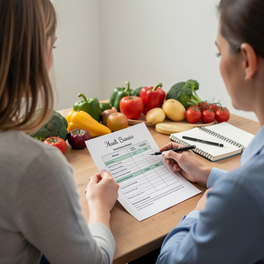 Nutritionist reviewing a printed meal plan document with a participant across a wooden table with fresh produce and notebook visible in background, in a light studio setting