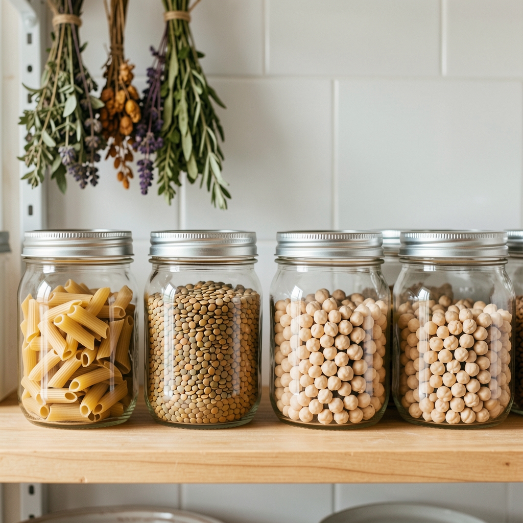 Whole grain pasta, lentils and chickpeas arranged in glass jars on a shelf in a bright kitchen pantry with dried herbs hanging in the background