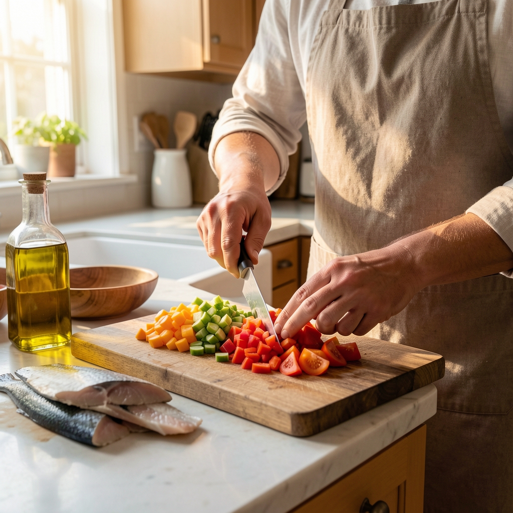 Person preparing a balanced meal with colourful chopped vegetables on a wooden board, fish fillets and olive oil visible on the kitchen counter in warm afternoon light