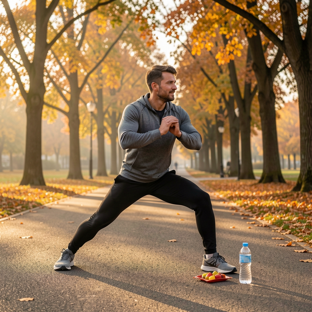 Runner stretching on a park path surrounded by trees in autumn morning light, with a small water bottle and fruit snack visible on the ground nearby